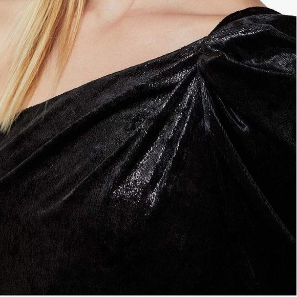 BCBGMAXAZRIA One Shoulder Long Sleeve Shimmer Velvet Mini Dress Black 4 - Picture 4 of 9